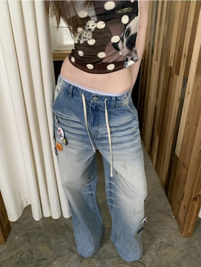 Mud Dyed Washed Blue Distressed Whisker Scratch Women's Cotton Wide-leg Jeans