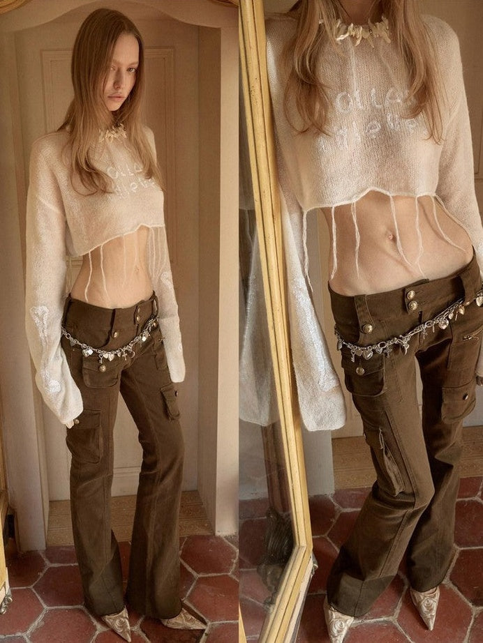 Multi Pocket Cargo Low Rise Micro Flare Women's Washed Canvas Skinny Pants