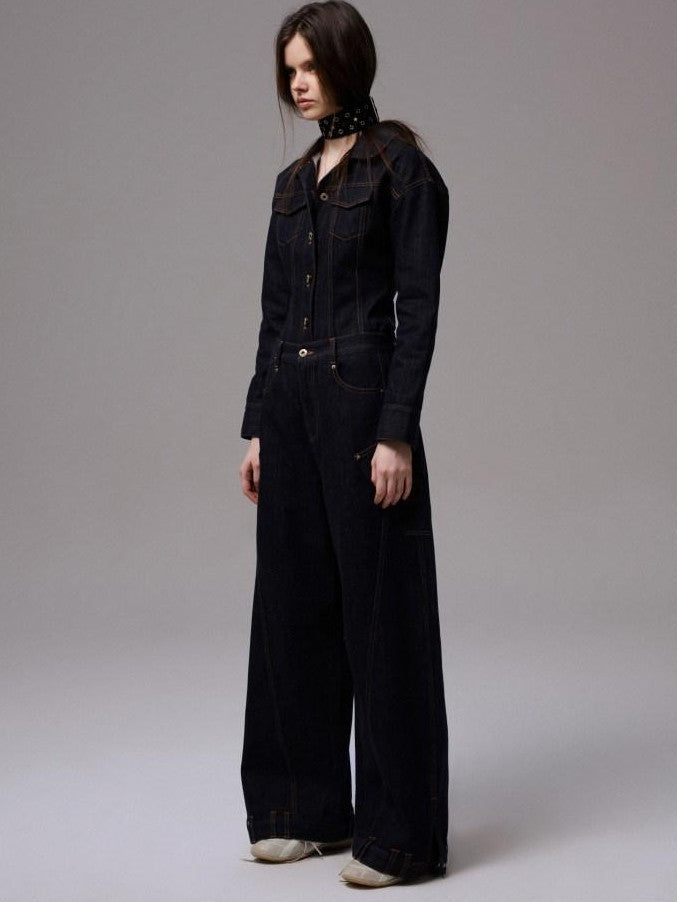 Raw Denim Deconstructed Wide Shoulder Women's Cotton Casual Top & Pants Sets