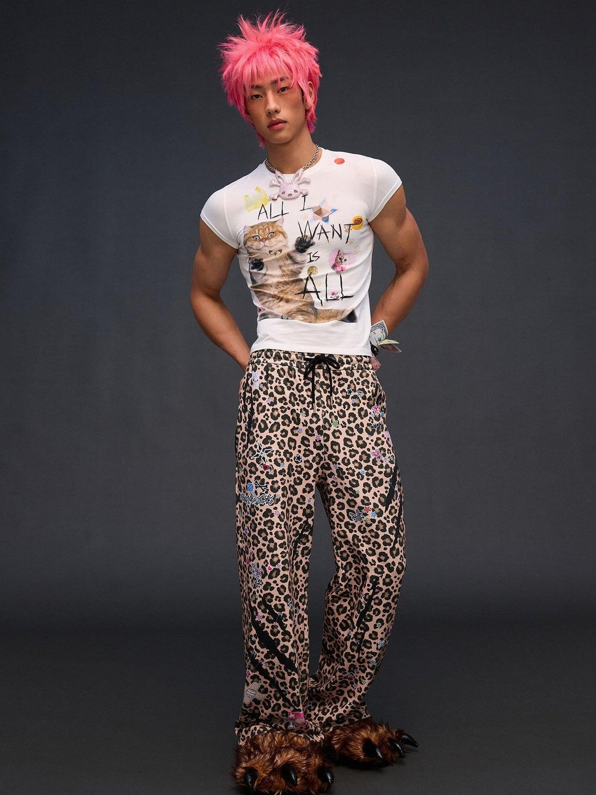 Leopard Asymmetric Sticker Print Street Straight Women'S Cotton Sweatpants