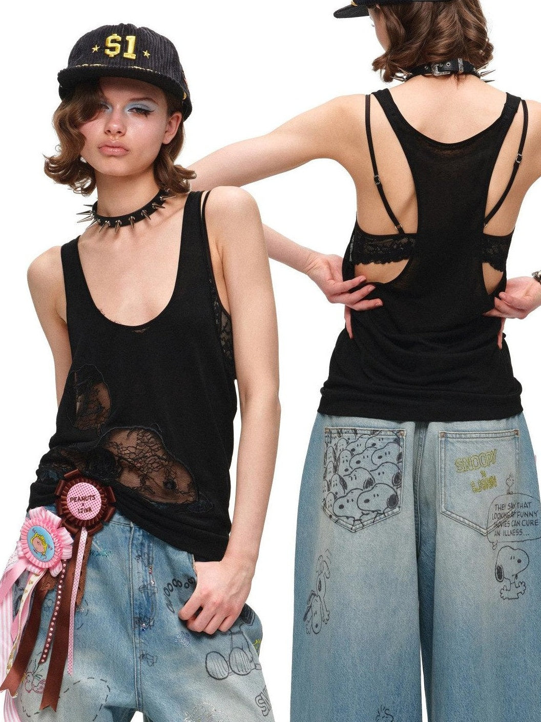 Graffiti Print Rhinestone Women's Washed Denim Wide-leg Jeans