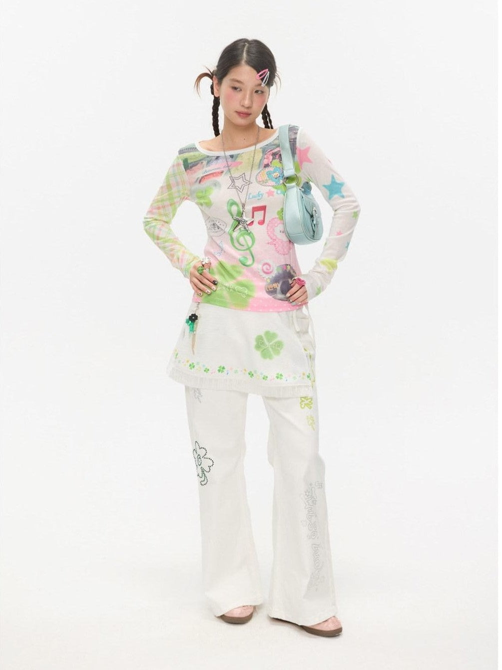 White Clover Print Tie Strap Layered Mesh Women's Polyester Clothing Accessories