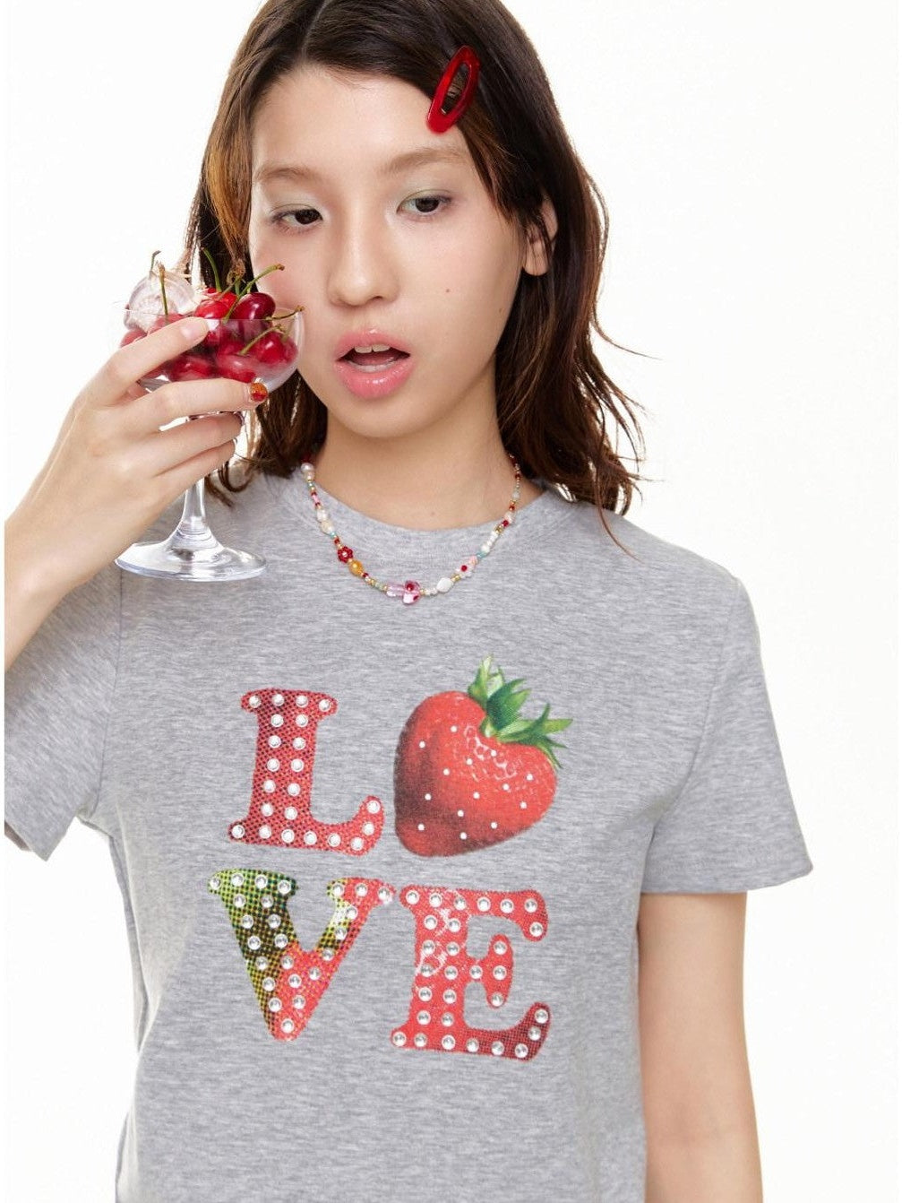 Gray Strawberry Bead Heart Women's Viscose Cotton Short Sleeve T-shirts