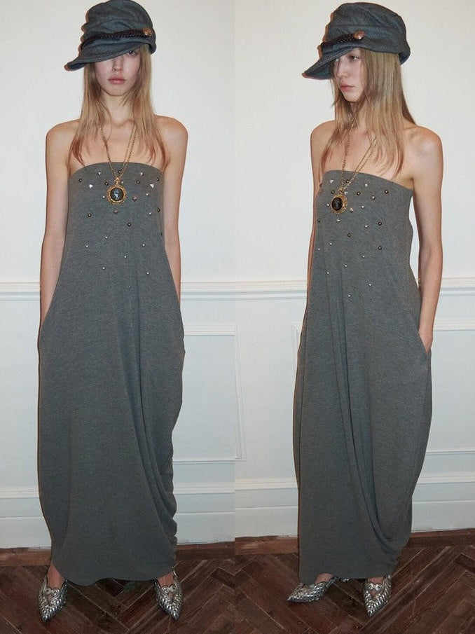 Vintage 3d Studded Ruched Draped Women's Strapless Maxi Dresses