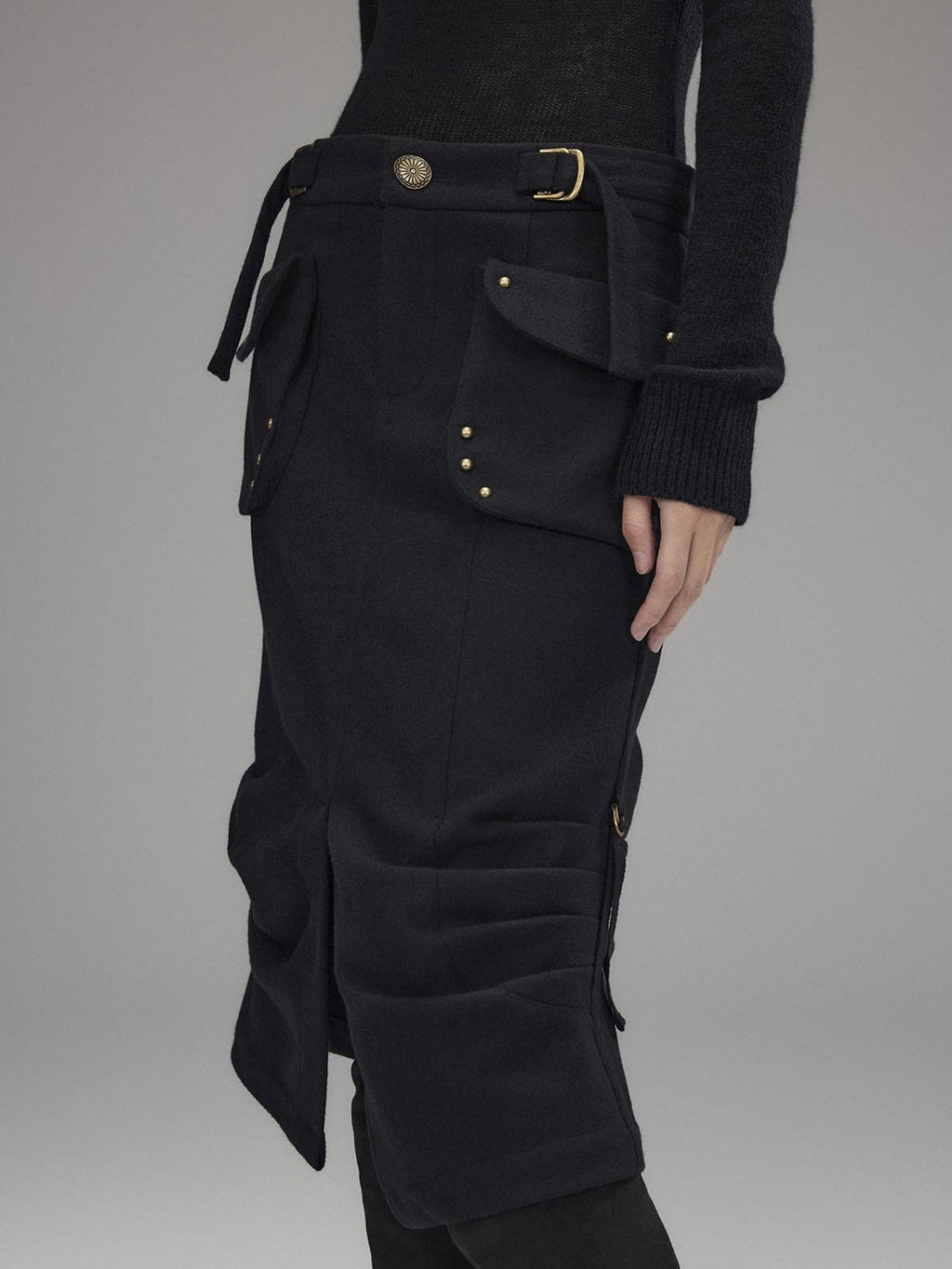 Wool Blend Low Rise Cargo Pockets Front Slit Hline Casual Black Midi Skirts