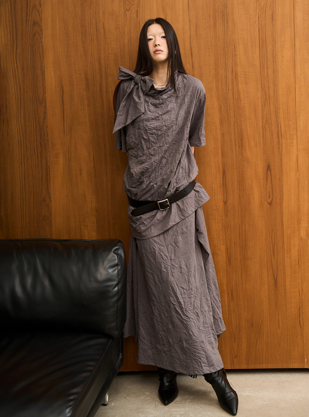 Tie-Neck Detail Crinkled Knit Tee (3color)