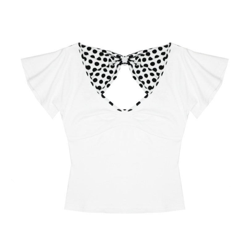 Bow Detail Slim V-neck Cotton Polka Dot Commuter Women Basic Crop Tops