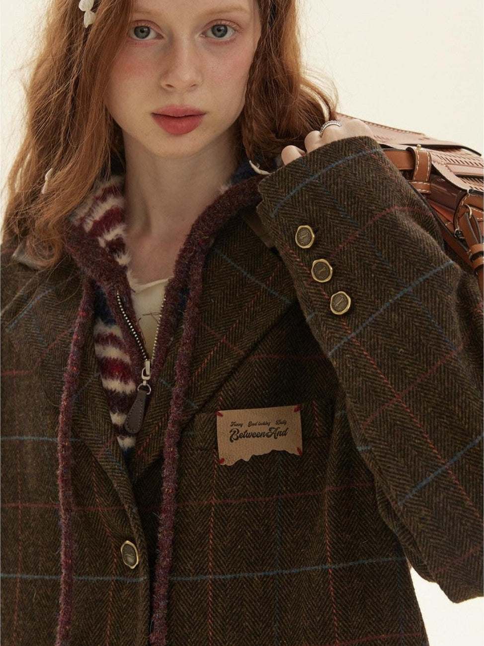 Vintage Brown Plaid A Line Pleated Women's Blazer Skirt Suits
