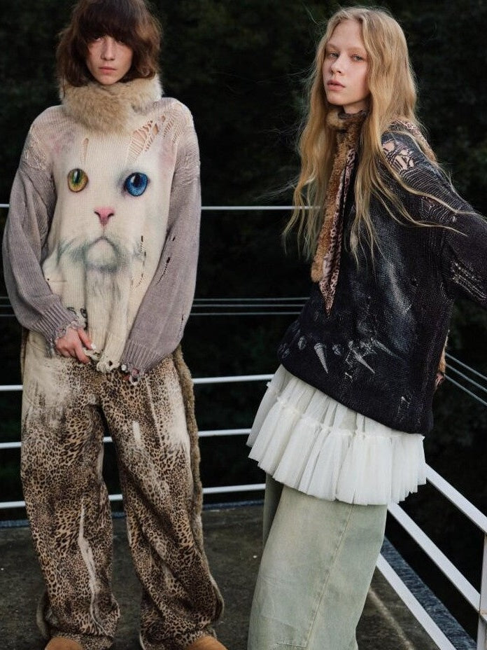 Leopard Patchwork Deconstructed Low Rise Women's Rabbit Fur Wide-leg Jeans