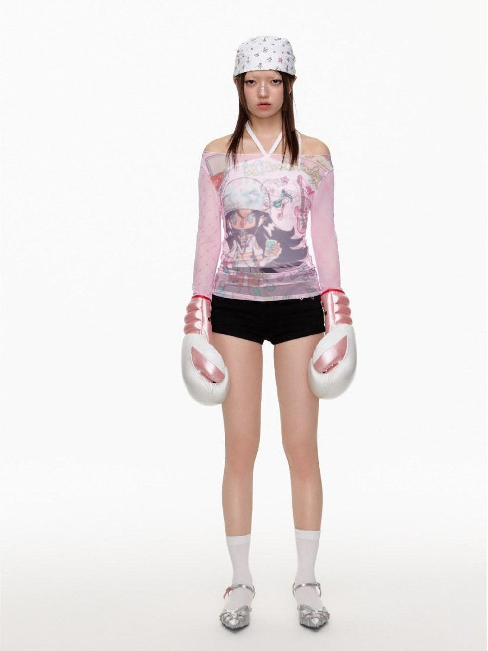 Dreamy Pink Mesh Paneling Bardot Neck Women's Polyester Long Sleeve T-shirts