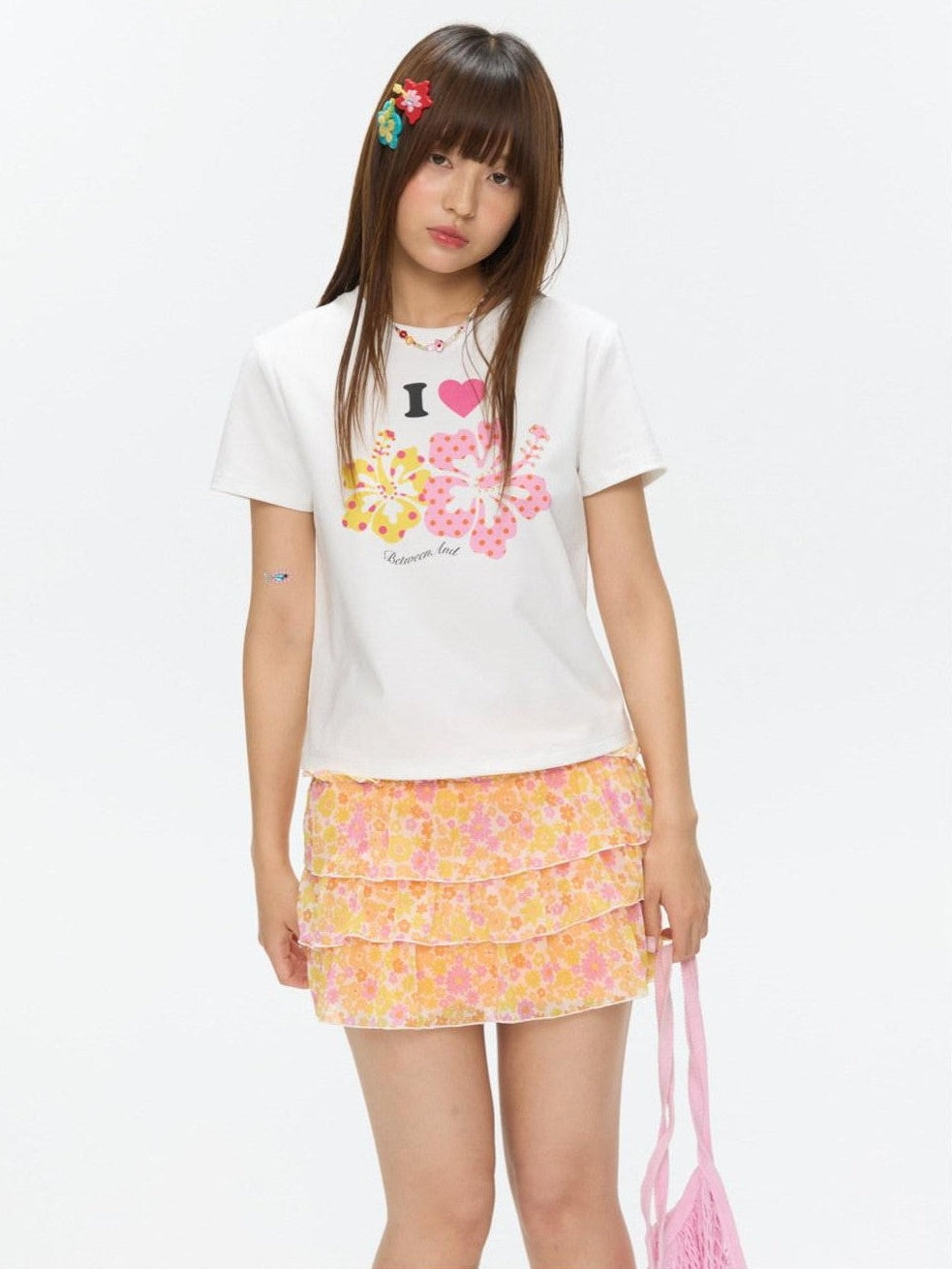 Two Tone Floral Print Crewneck Short Sleeve Women's Cotton Viscose Crop Tops