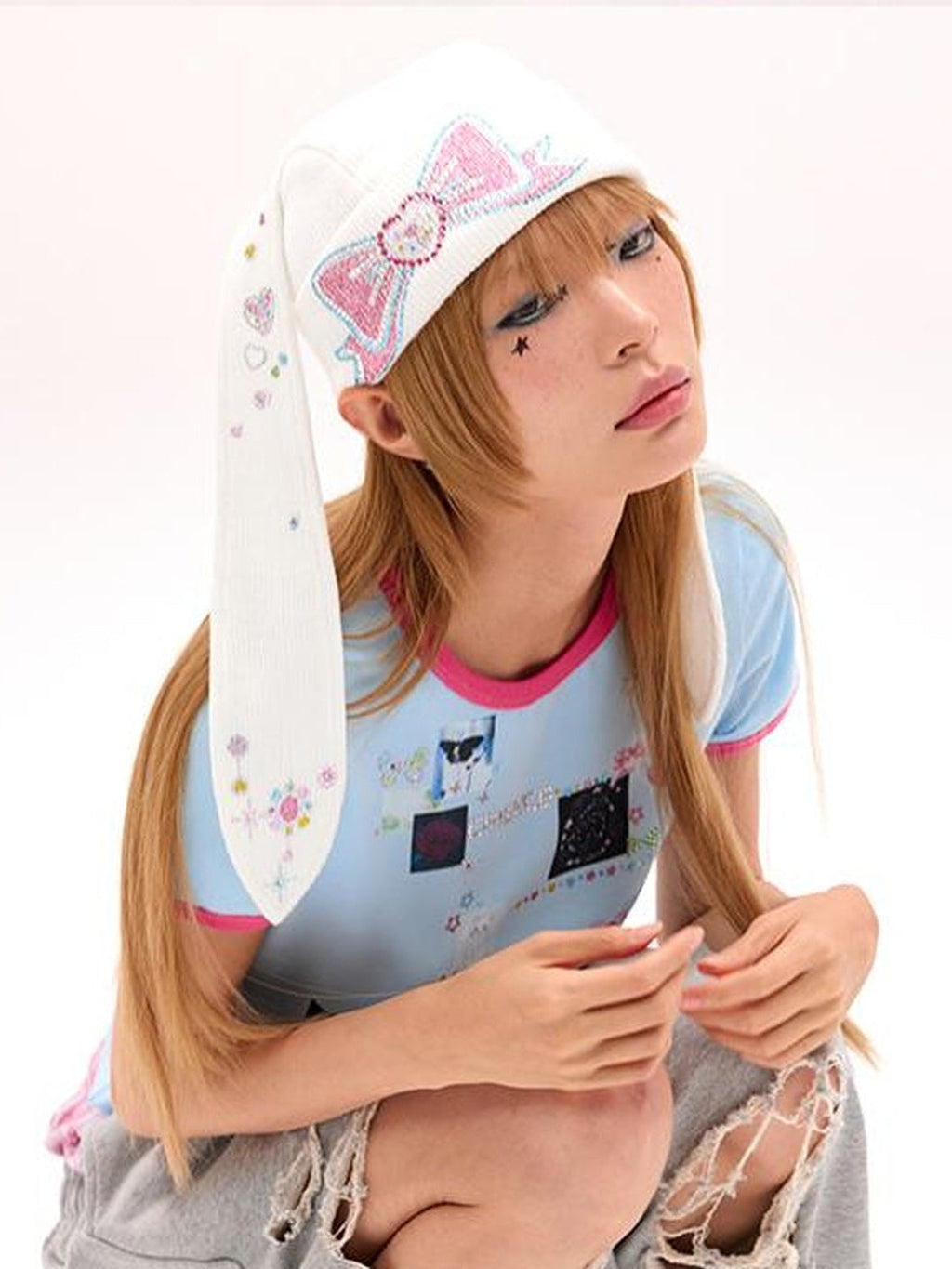 Crystal Studded Rabbit Ear Knit Cap