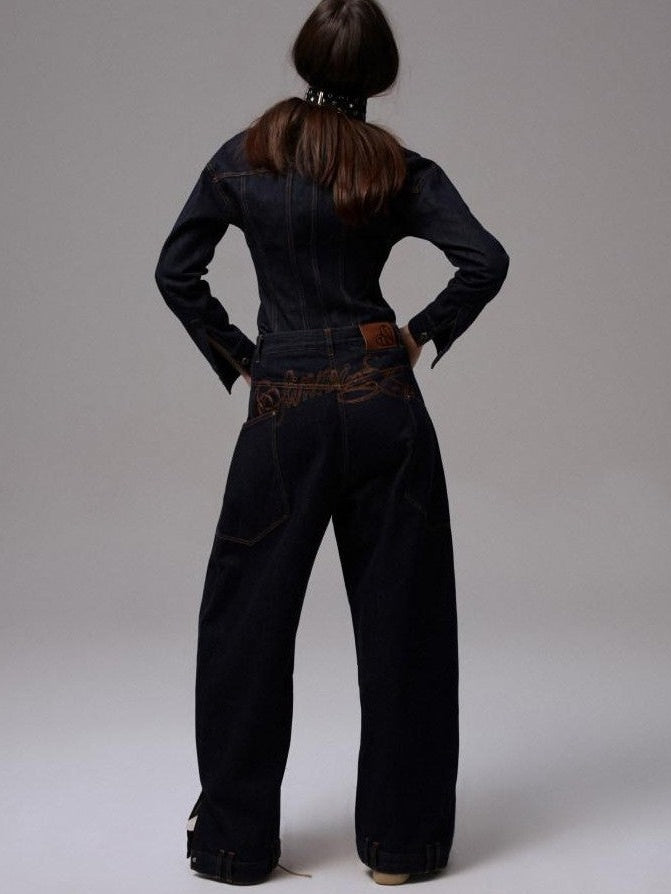 Raw Denim Deconstructed Wide Shoulder Women's Cotton Casual Top & Pants Sets