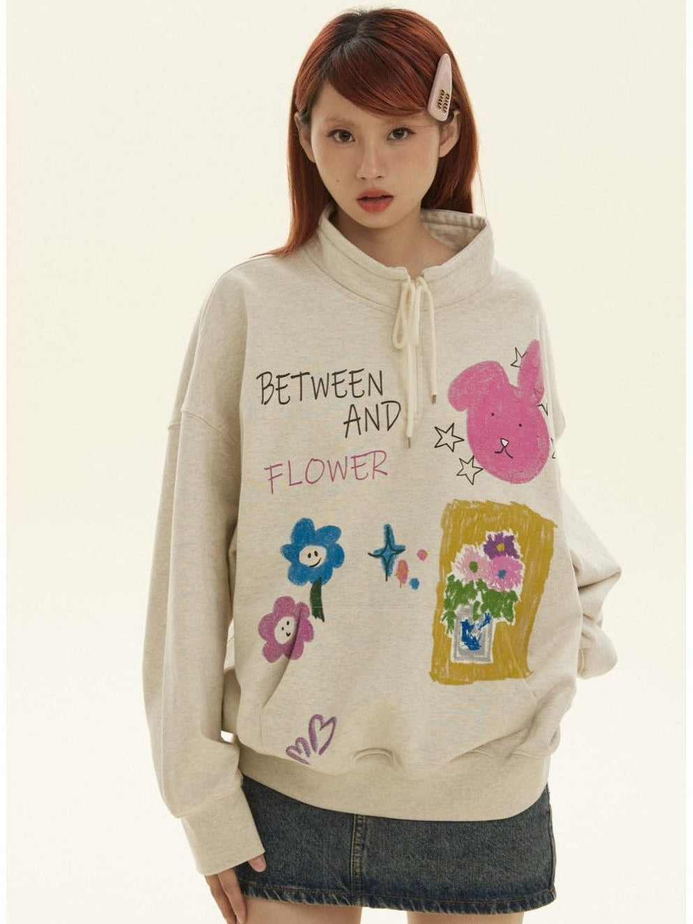 Graffiti Cartoon Rabbit Print Zip Half High Collar Ribbed Women's Cotton Hoodies