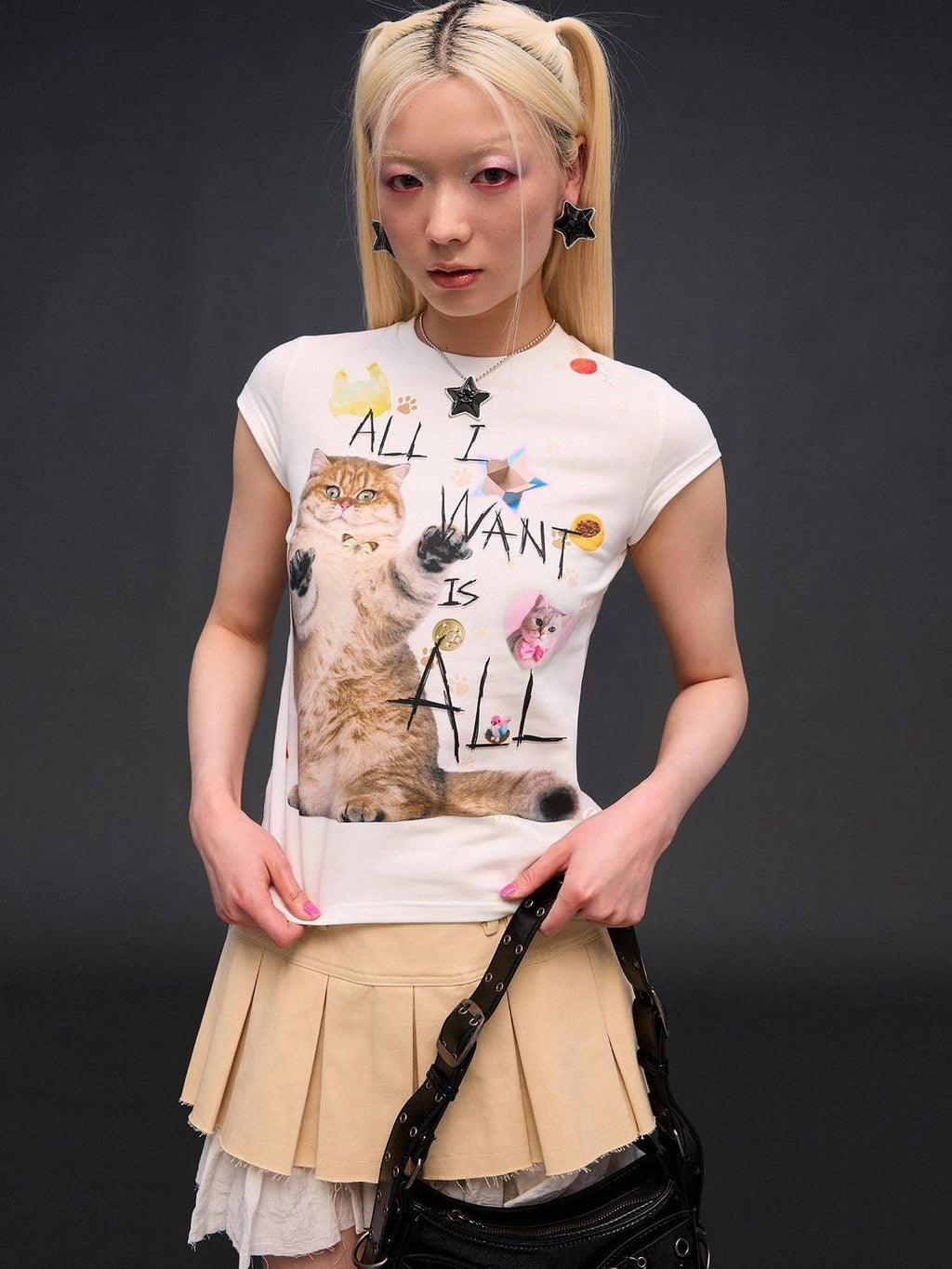Slogan Cat Print Slim Fit Women'S Cotton Stretch Short Sleeve T-Shirts
