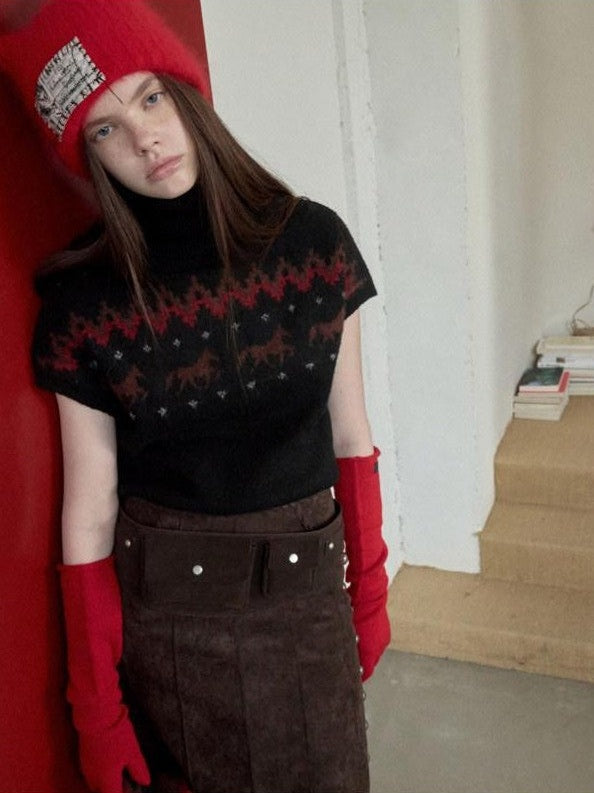 Fair Isle Pony Jacquard High Neck Short Sleeve Women's Knit Pullover Sweaters