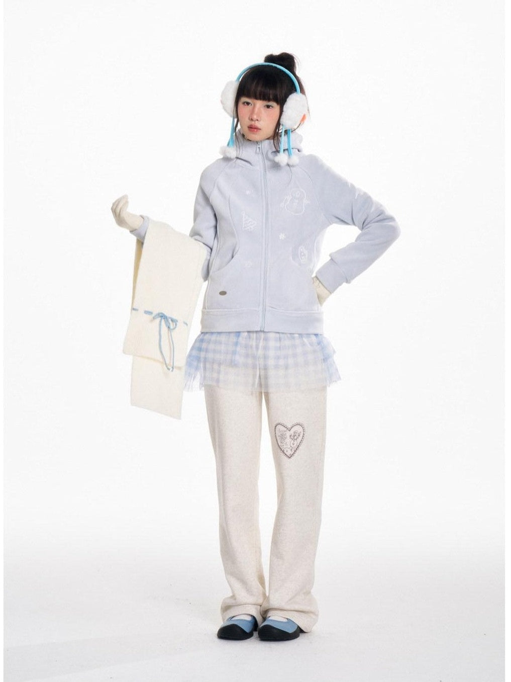Plush Snowman Print Loose Fit Sweet Women's Polyester Zip-up Hoodies