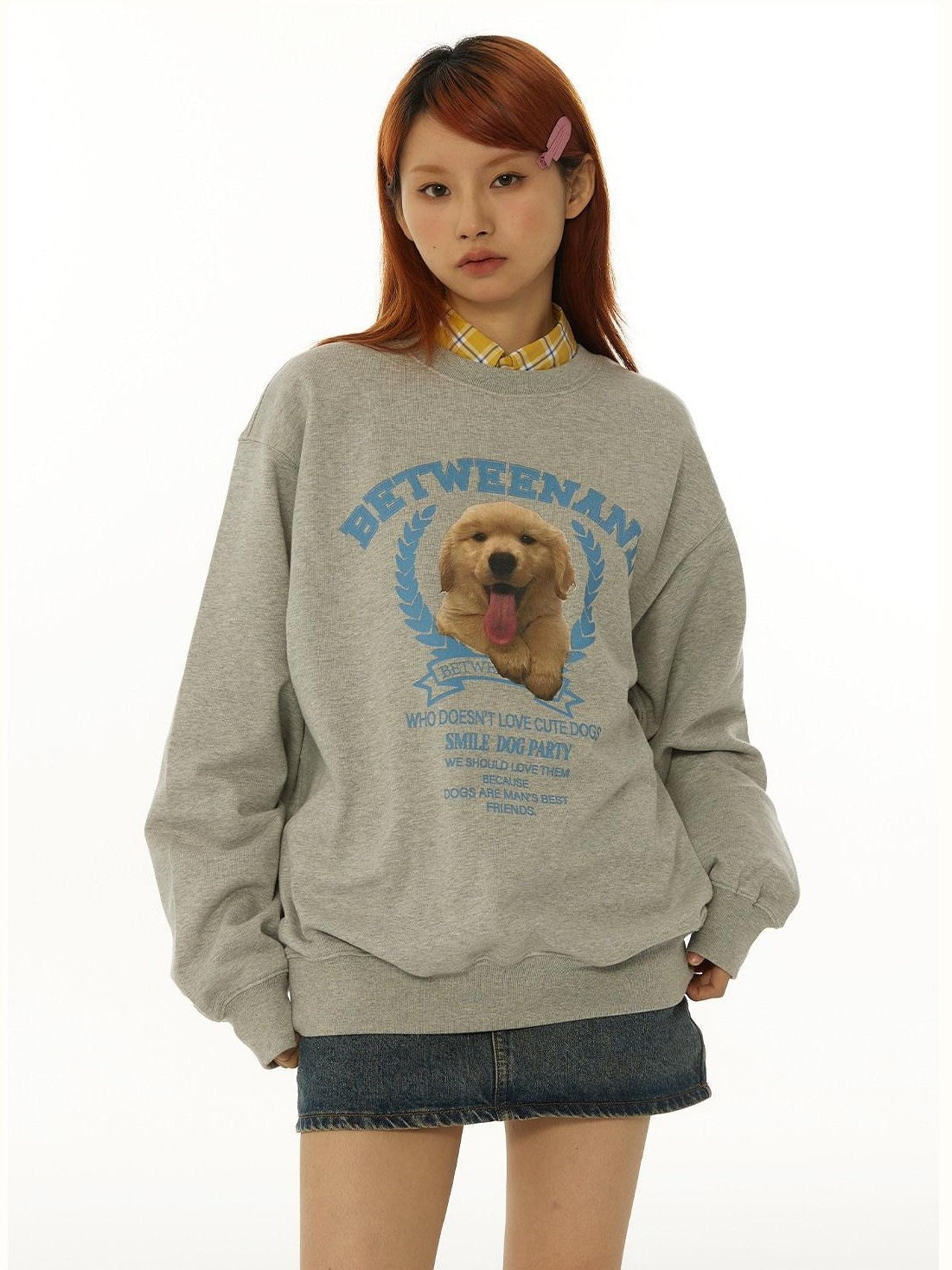 Gray Tongue Out Puppy Motif Loose Fit Women's Cotton Blend Sweatshirts