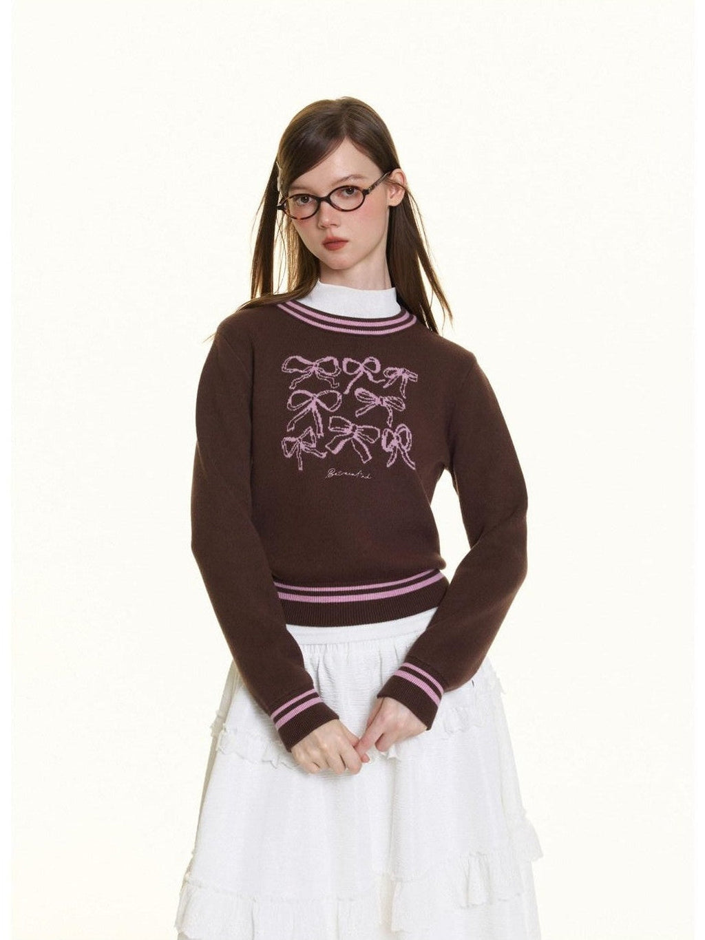 Brown Bow Embroidery Jacquard Round Neck Women's Viscose Blend Sweaters