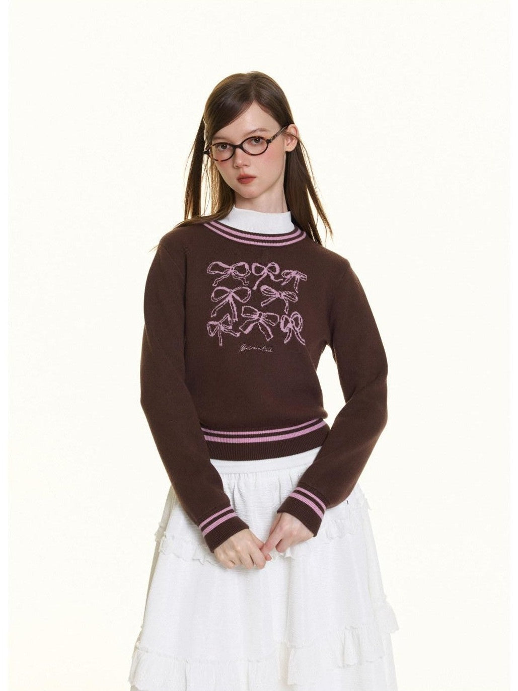Brown Bow Embroidery Jacquard Round Neck Women's Viscose Blend Sweaters