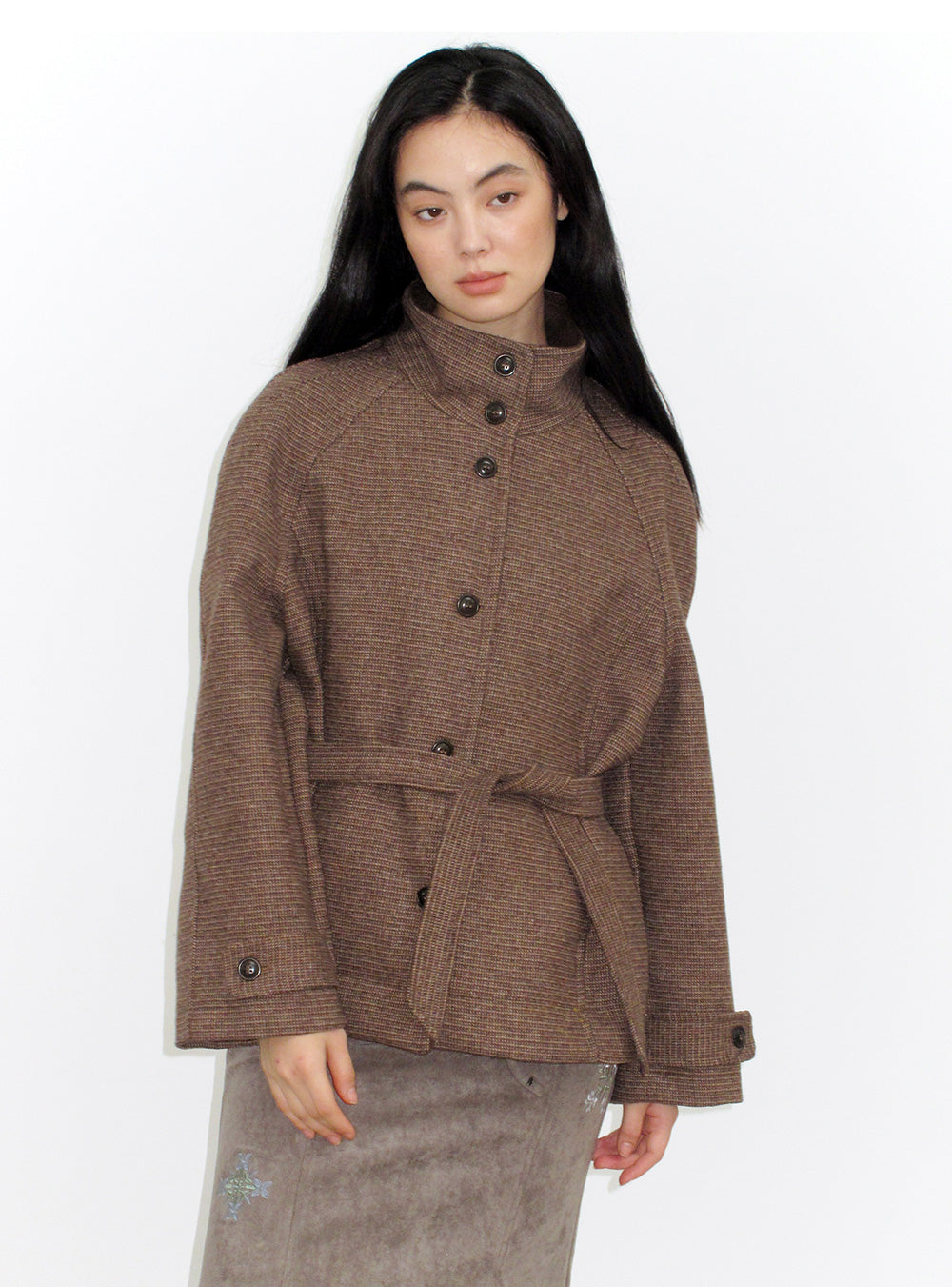Brown Check Mid-Length Waist Tie Coat