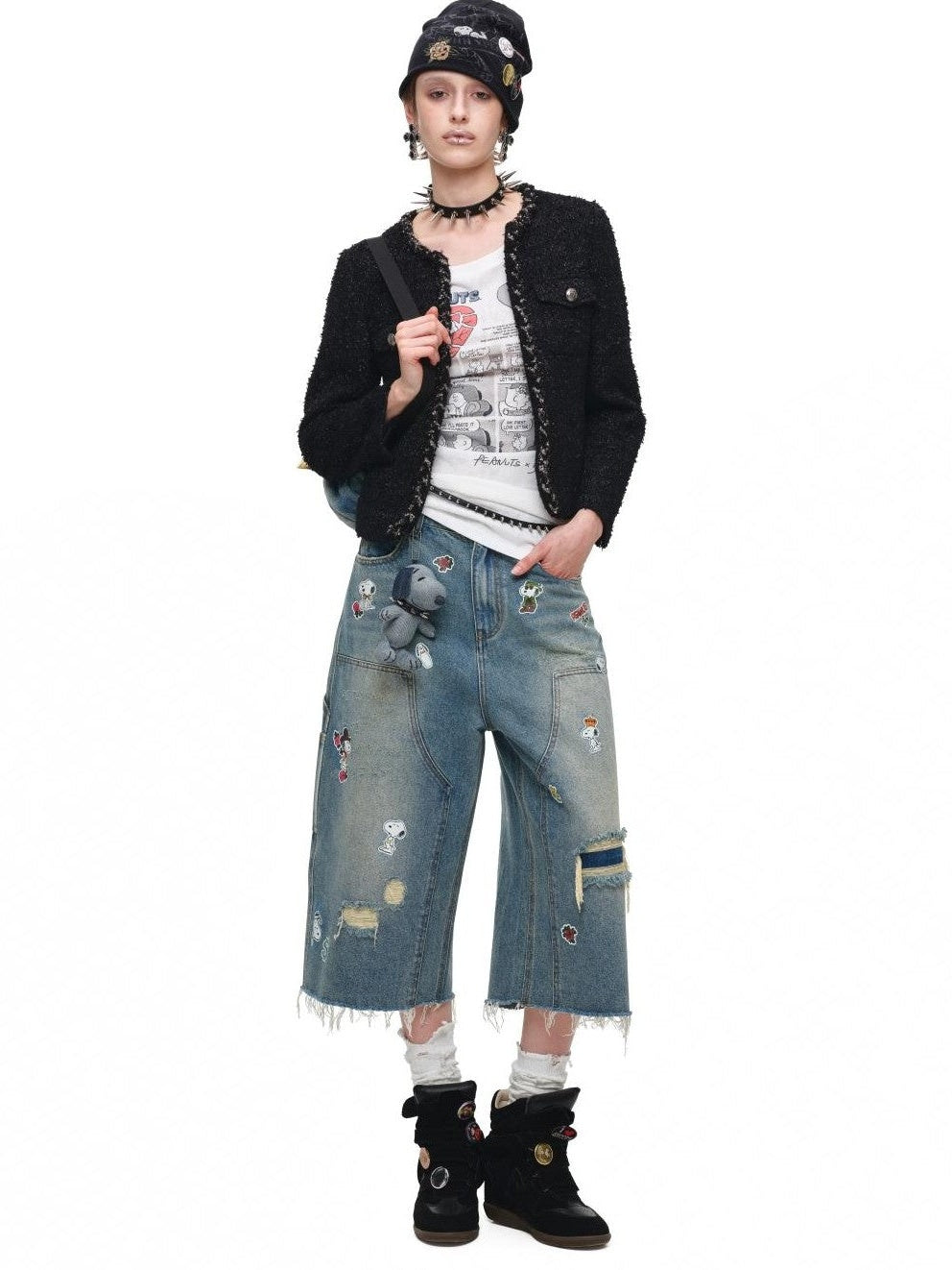 Vintage Applique Embroidery Detachable Wings Women's Washed Denim Backpacks