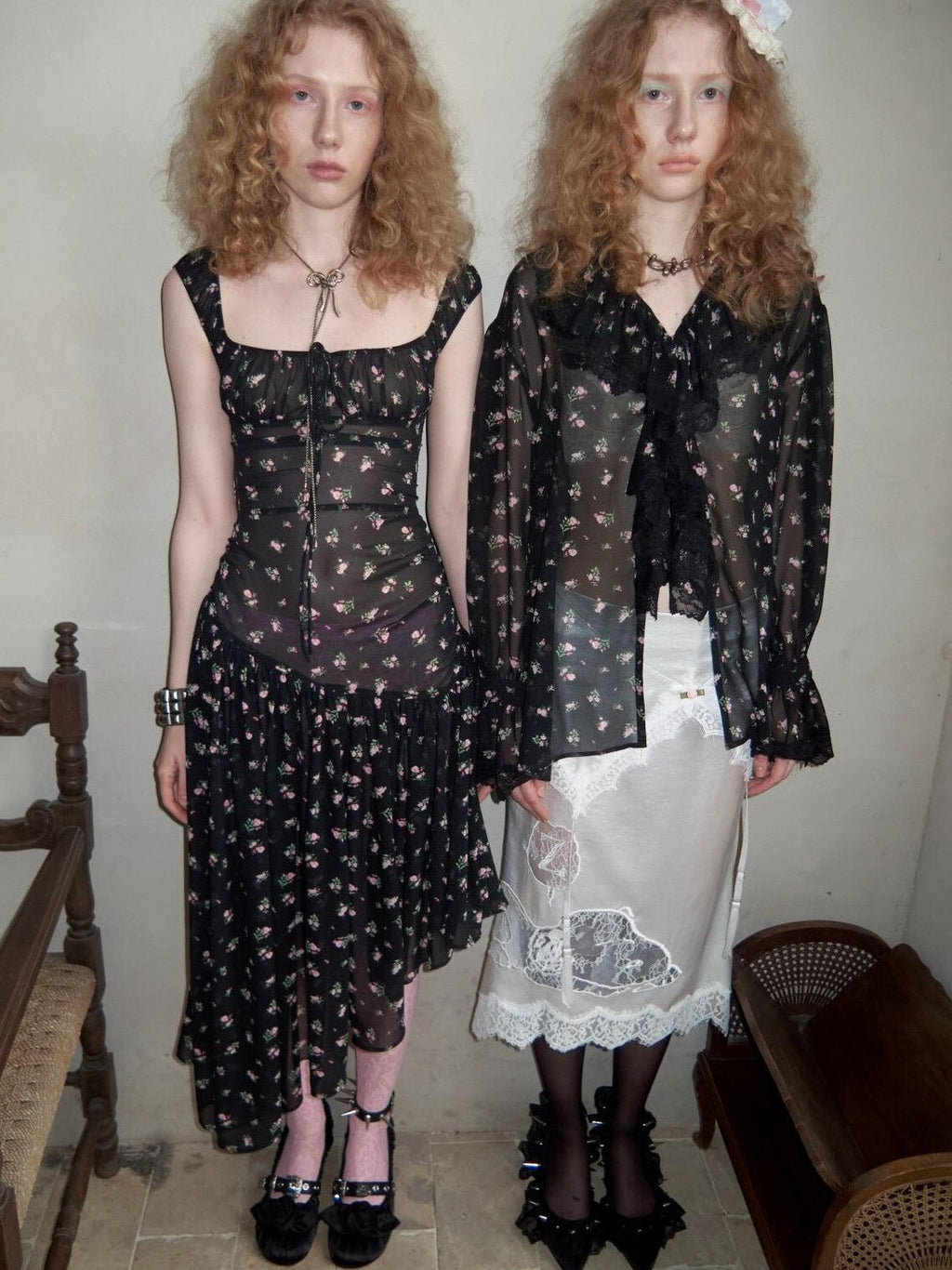 Large Ruffle V-neck Victorian Floral Long Sleeve Women's Sheer Shirts