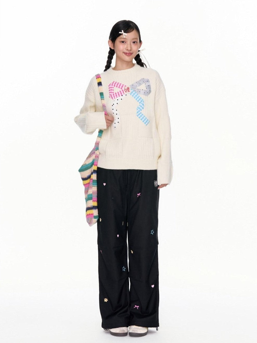 Two Tone Colorful Embroidered Women's Polyester Blend Cargo Pants