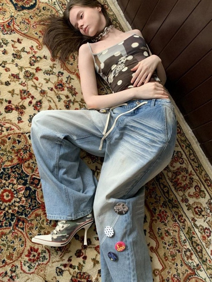 Mud Dyed Washed Blue Distressed Whisker Scratch Women's Cotton Wide-leg Jeans