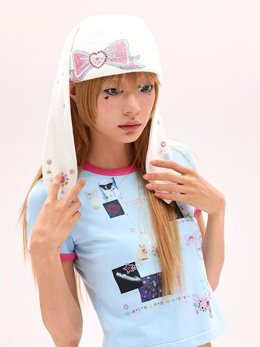 Crystal Studded Rabbit Ear Knit Cap
