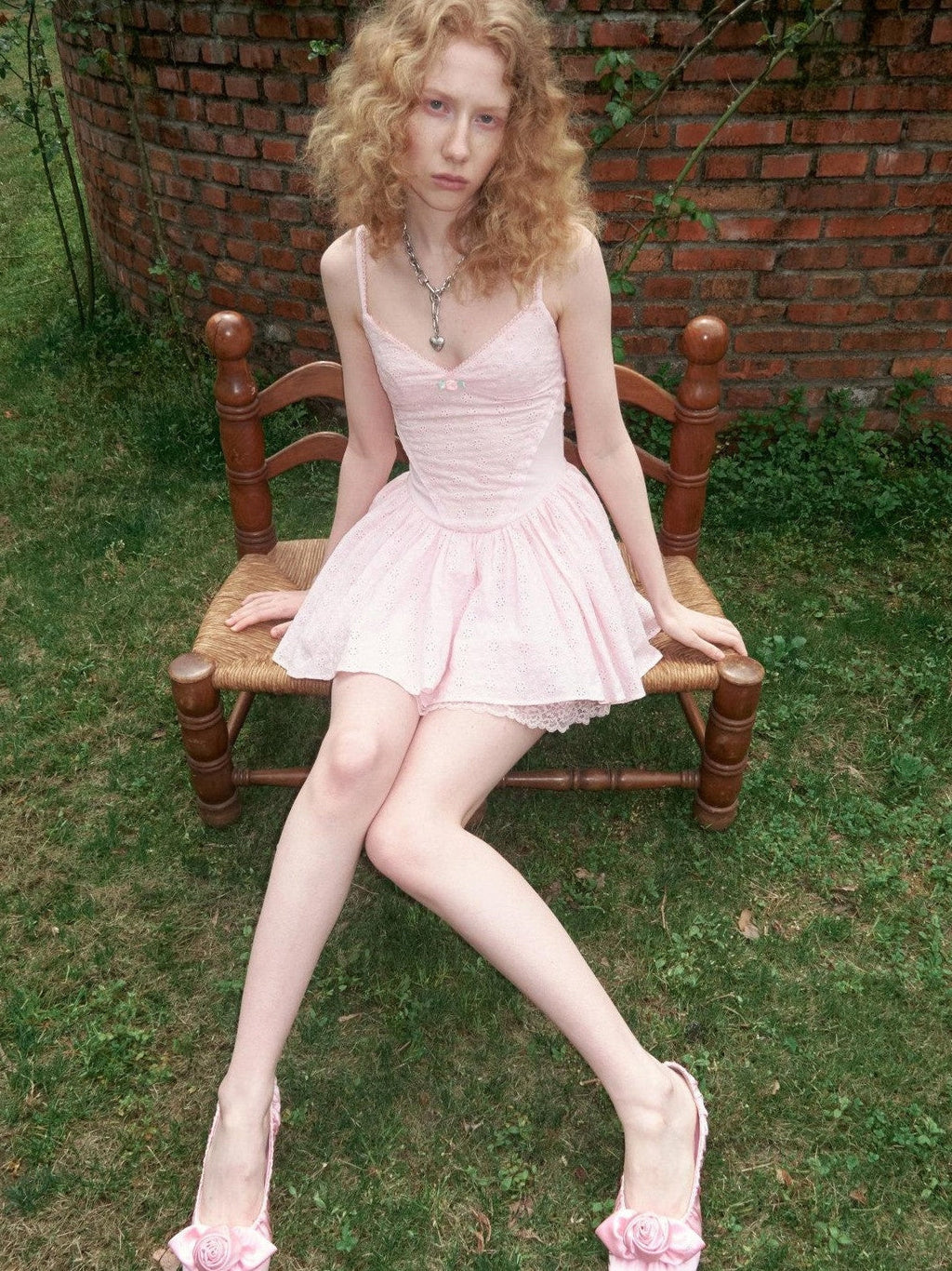 Puff Jacquard Cinched Waist V-neck Strappy Women's Cotton Slip Mini Dresses
