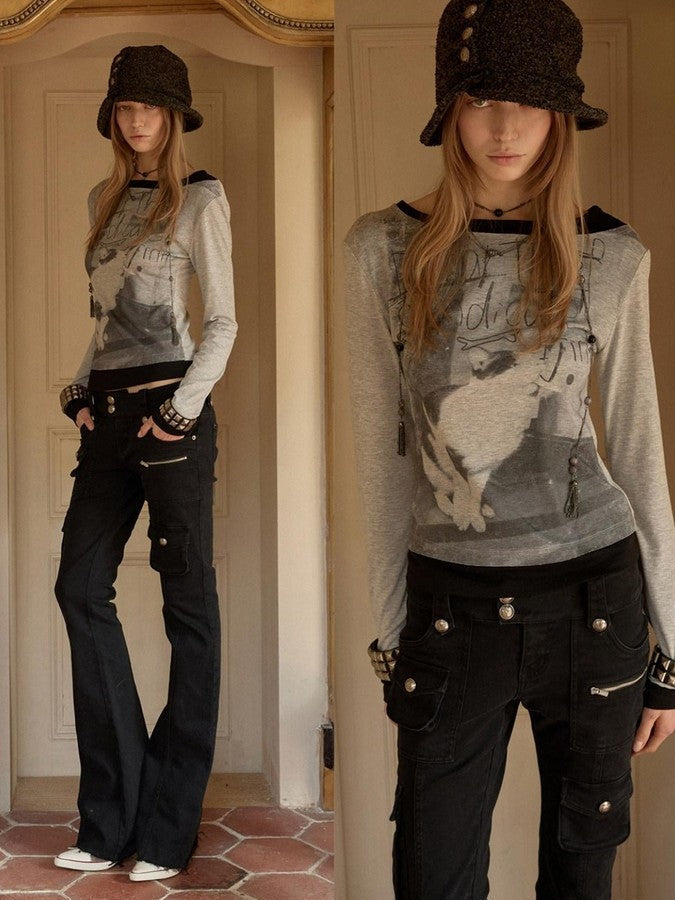 Colorblock Cat Dog Print Women's Faux Layered Long Sleeve T-shirts