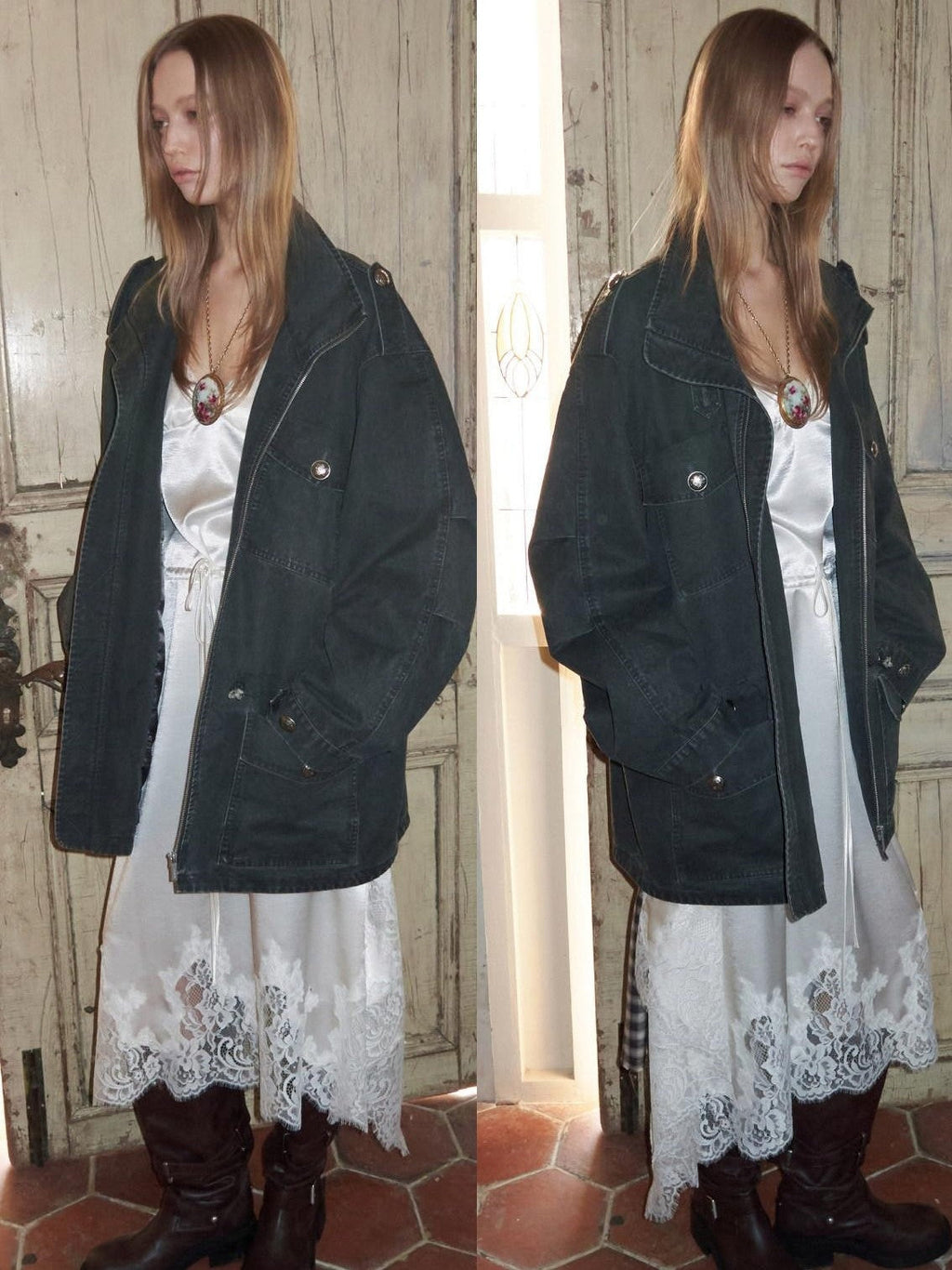 Vintage Washed Distressed Mid Drawstring Pockets Loose Women's Utility Jackets