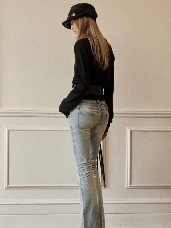 Vintage Washed High Waist Panel Asymmetrical Brushed Women's Denim Bootcut Jeans