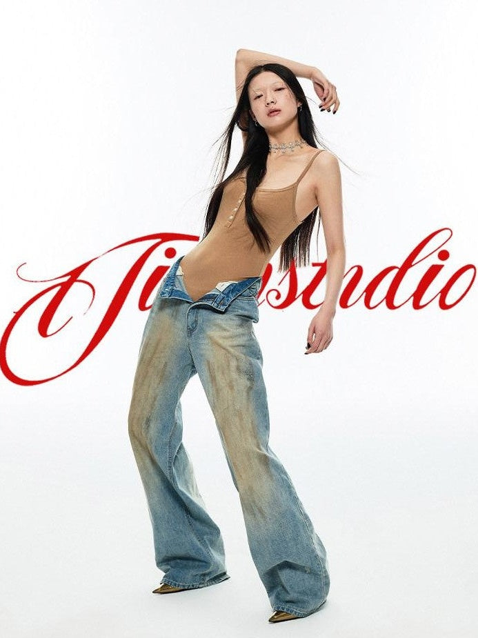 Vintage Washed Mud Dyed Straight Cut Floor Length Women's Denim Wide-leg Jeans