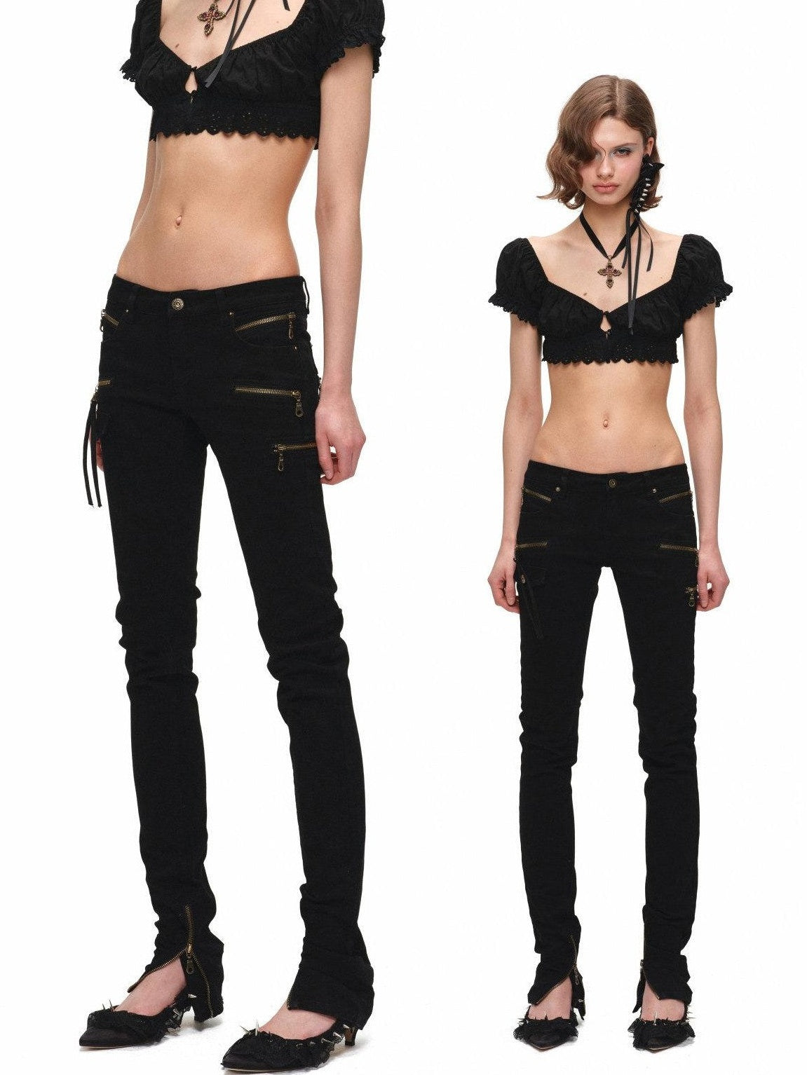 Black Vintage Washed Zipper Low Rise Slimming Women's Stretch Denim Skinny Jeans