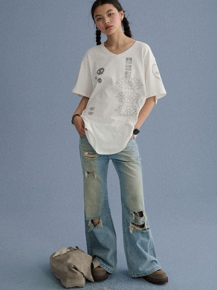 100 Percent Cotton Skull Print Loose V-Neck White Short Sleeve T-Shirt