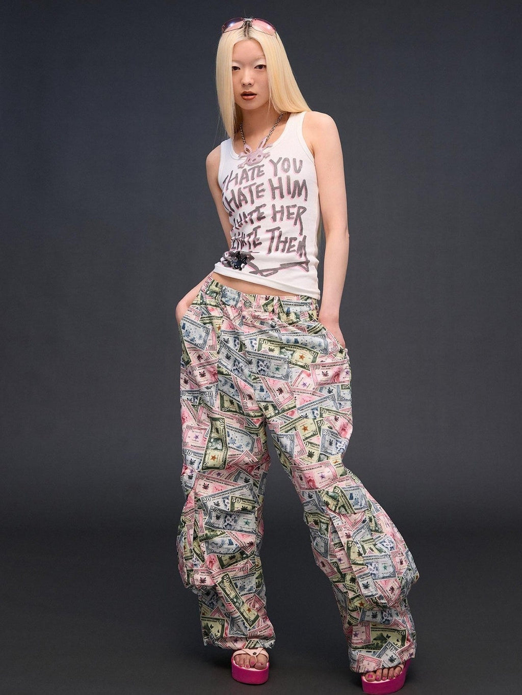 Money Print Cargo Multi Pocket Women'S Cotton Wide-Leg Pants