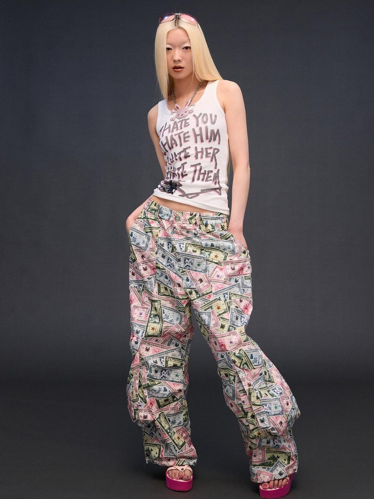 Money Print Cargo Multi Pocket Women'S Cotton Wide-Leg Pants