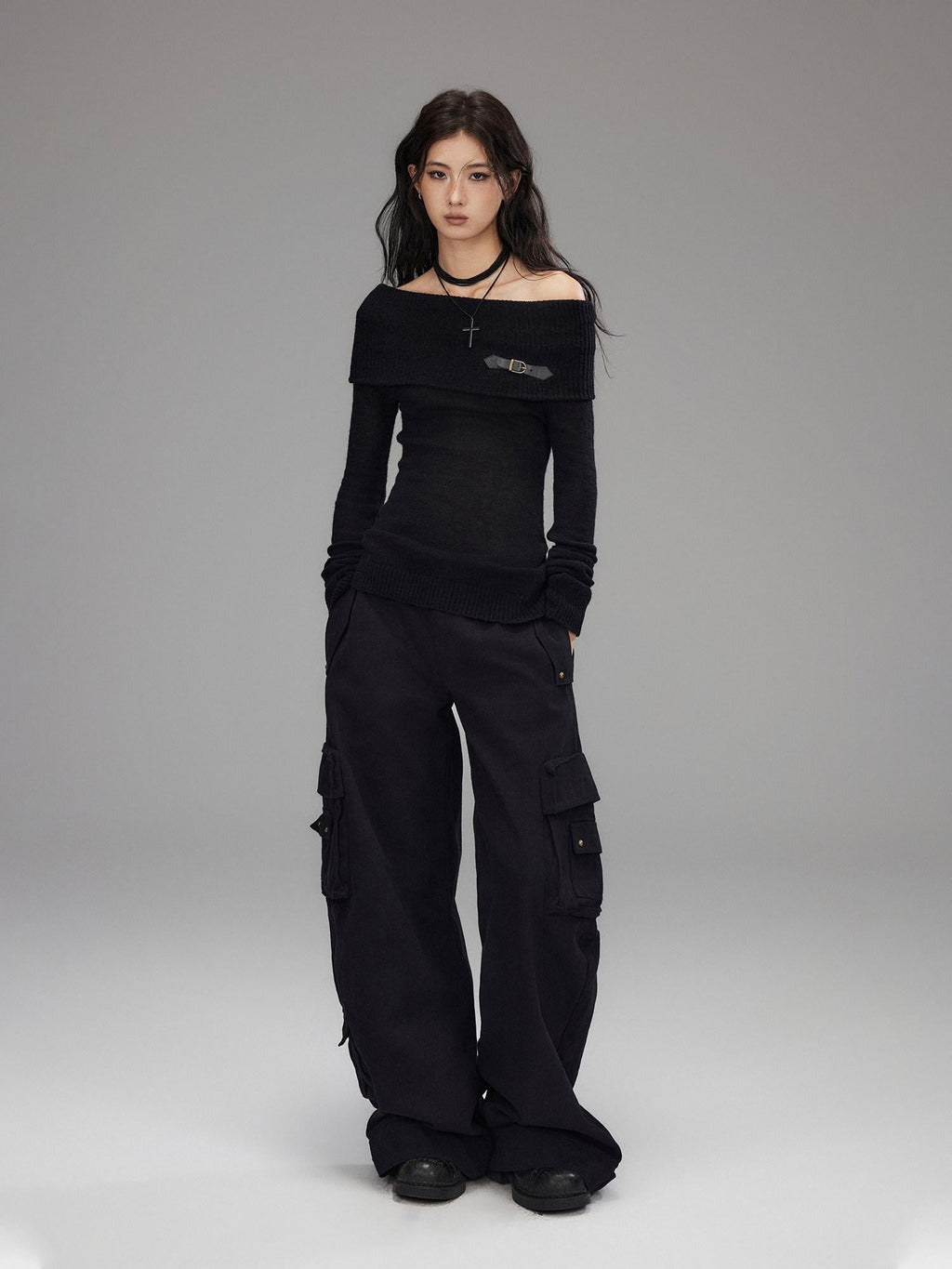 Washed Low Rise Wide Leg Utility Loose Fit Womens Black Cargo Pants