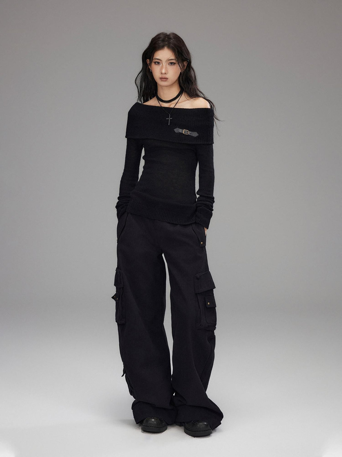 Washed Low Rise Wide Leg Utility Loose Fit Womens Black Cargo Pants