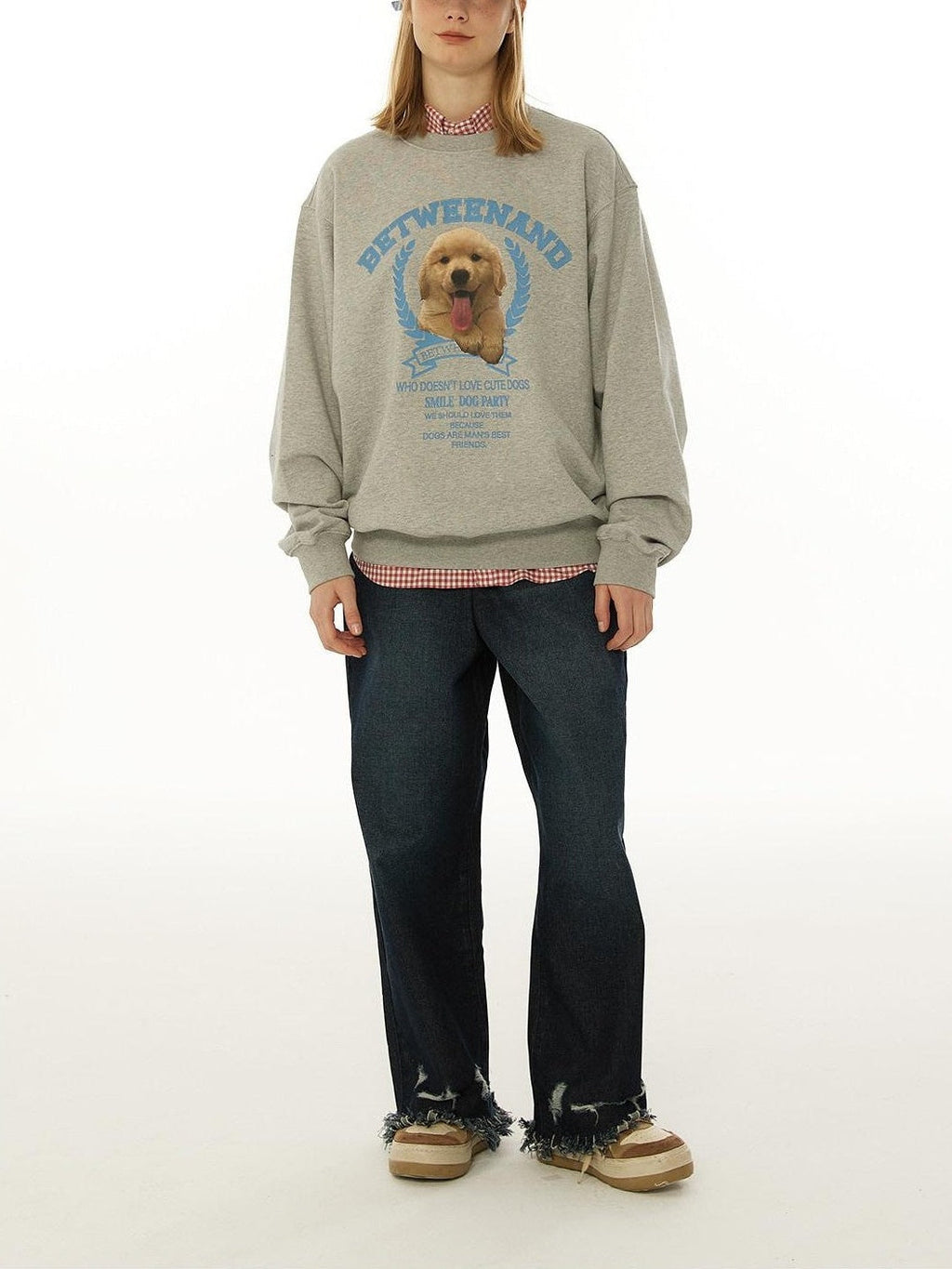 Gray Tongue Out Puppy Motif Loose Fit Women's Cotton Blend Sweatshirts