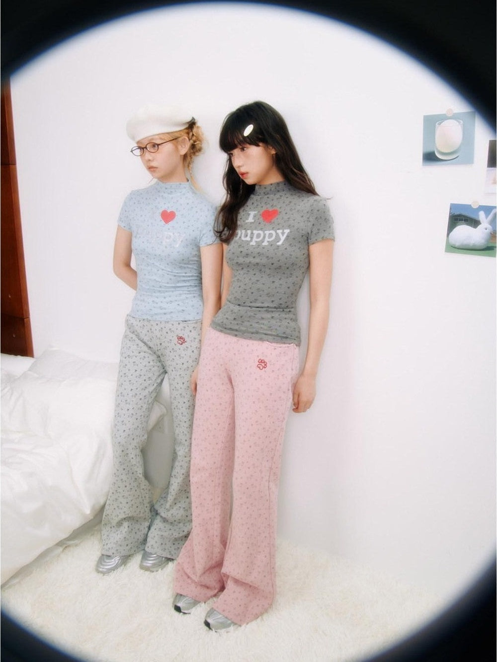 I Love Dog Glitter Print Mock Neck Women's Slim Fit Short Sleeve T-shirts