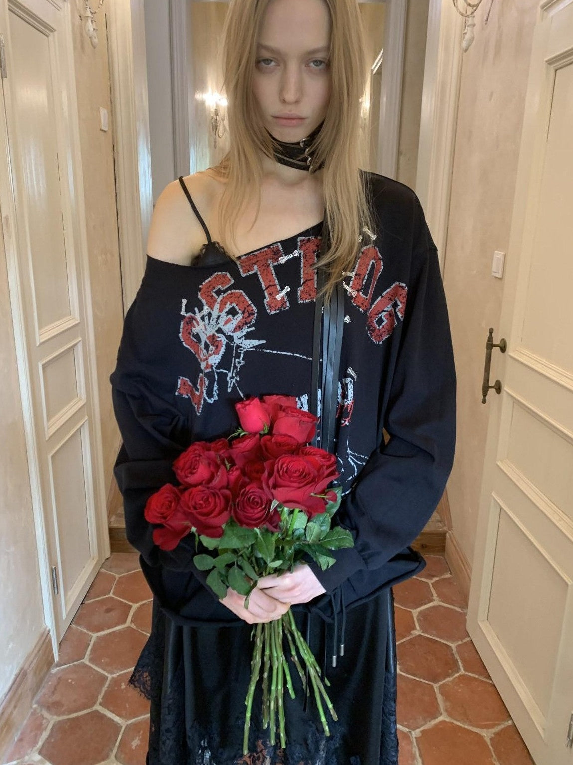 Animal Print Letters Asymmetric Shoulder Drawstring 3d Floral Women's Sweatshirts