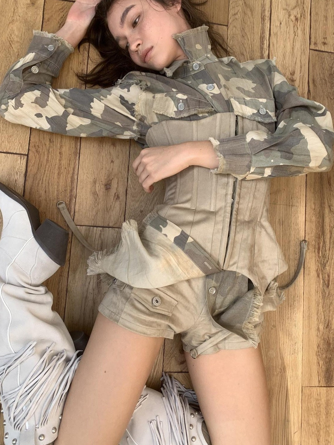Camel Gray Camo Washed Pleated Frayed Tassel Fitted Women's Lyocell Shirts