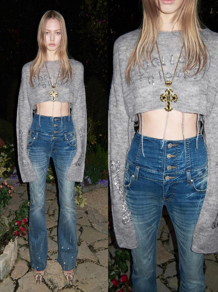Vintage Washed High Waist Panel Asymmetrical Brushed Women's Denim Bootcut Jeans