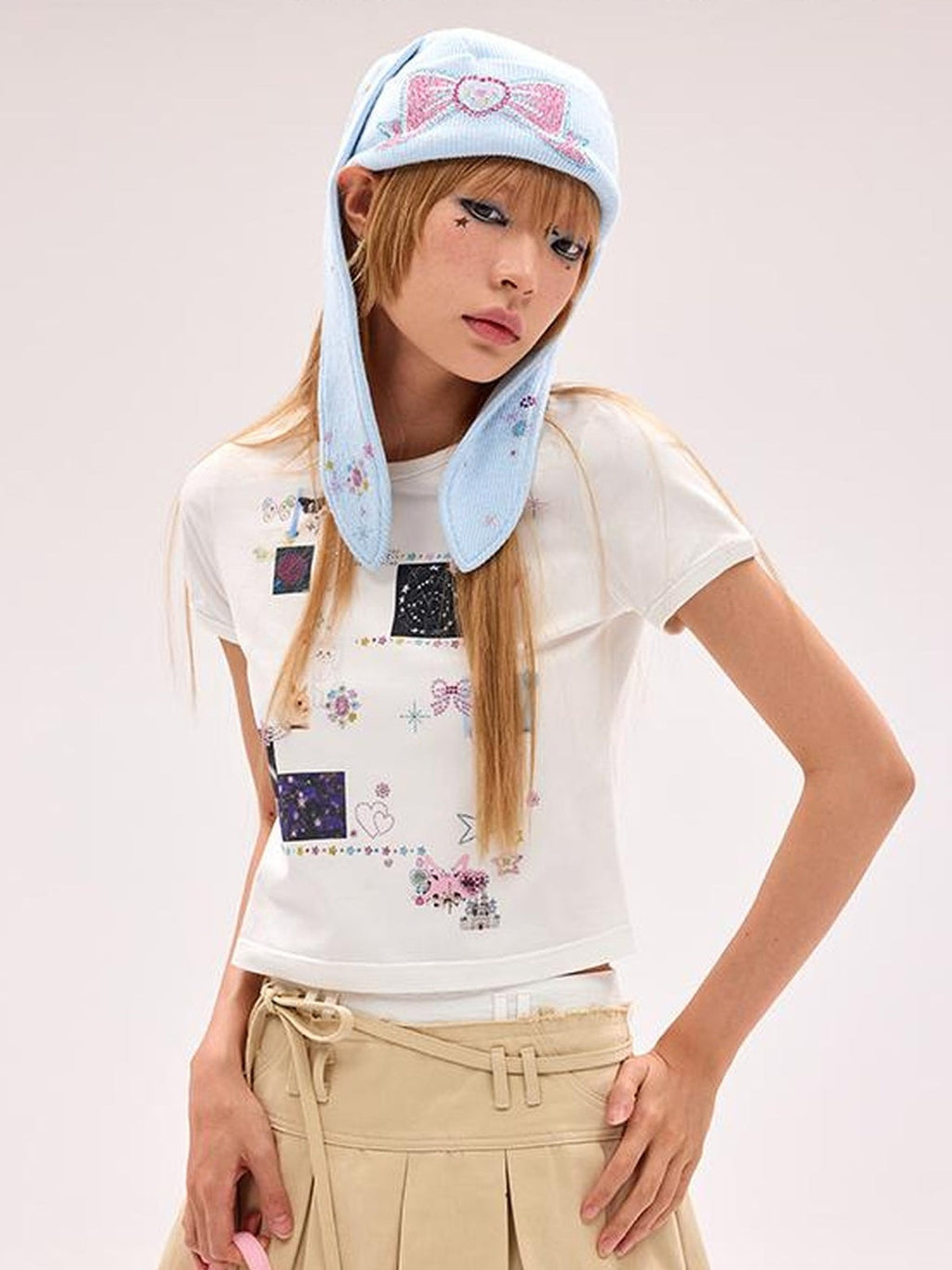 Crystal Studded Rabbit Ear Knit Cap