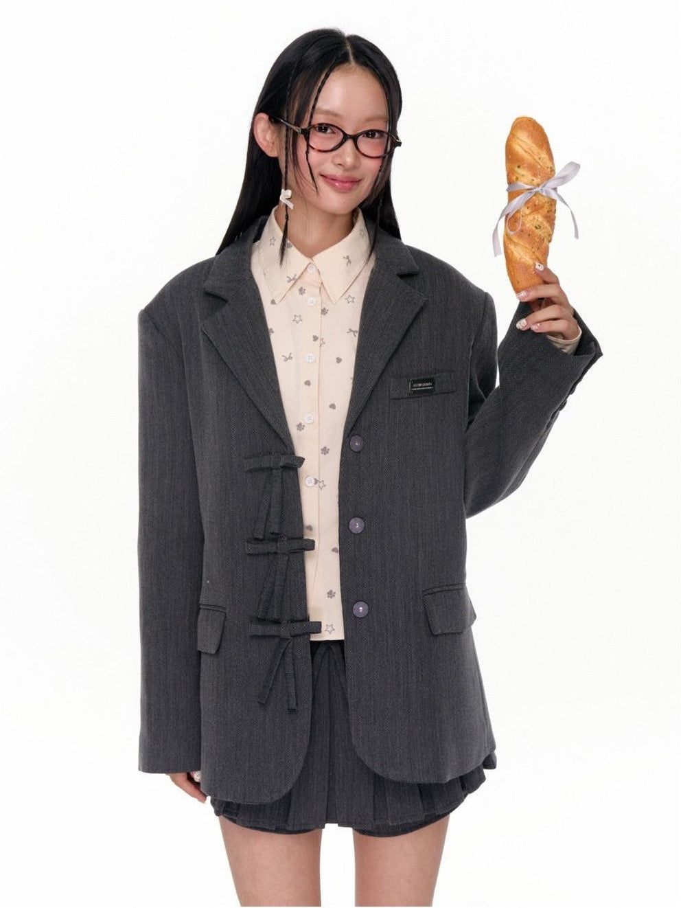 Grey Bow Placket Single Breasted Pleated Skirt Pants Women's Blazer Pant Suits