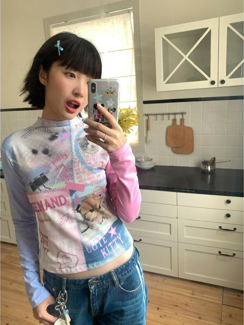 Blue Pink Colorblock Cat And Dog Print Women's Cotton Long Sleeve T-shirts