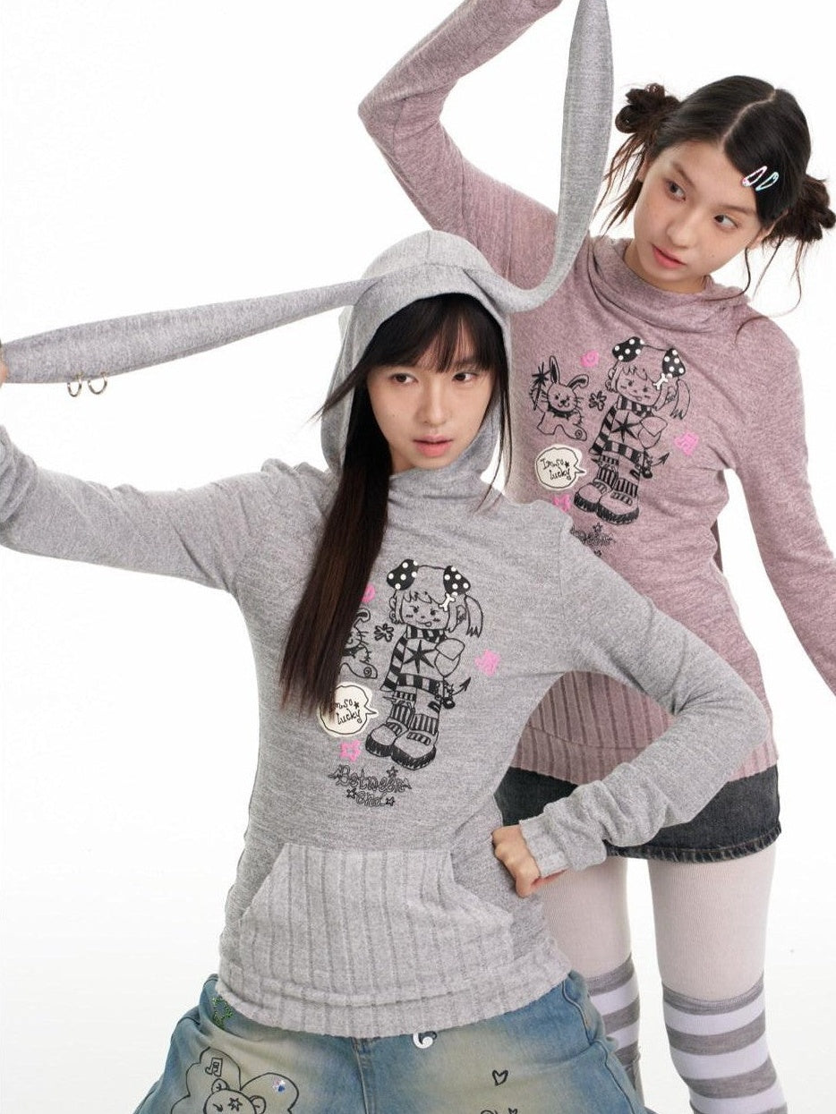 Bunny Ear Hood Puff Print Straight Cut Women's Polyester Blend Hoodies
